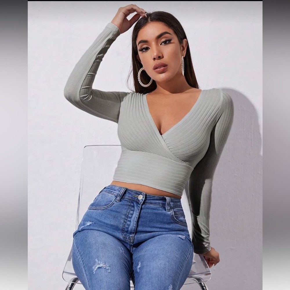 Sleek Gray Long Sleeve Wrap Top